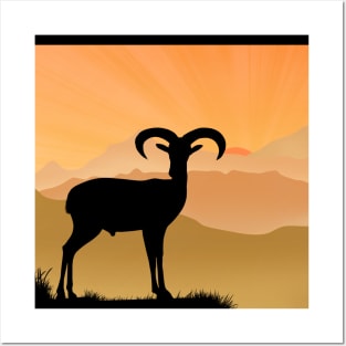 Nubian ibex mountain climbing goat silhouette sunrise time Posters and Art